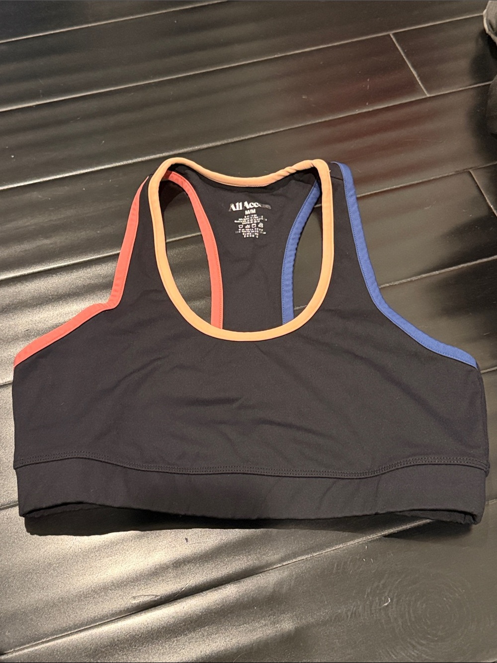 ALL ACCESS Black Sports Bra with Peach, Coral and Blue Trim